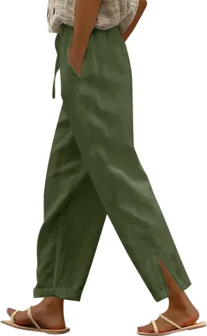 Women's Linen Cotton Pants Summer High Waisted Straight Casual Flowy Wide Leg Drawstring Trousers with Pockets