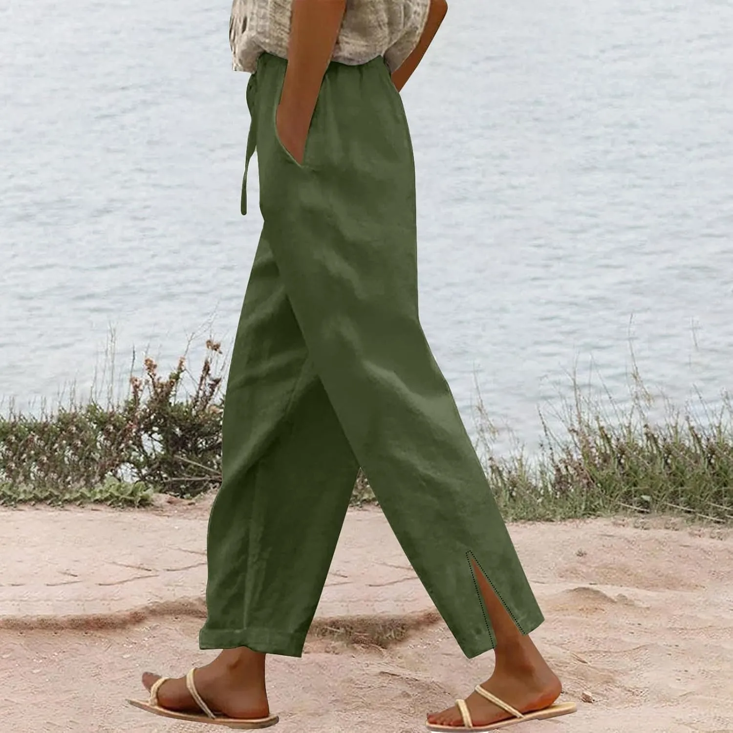 Women's Linen Cotton Pants Summer High Waisted Straight Casual Flowy Wide Leg Drawstring Trousers with Pockets