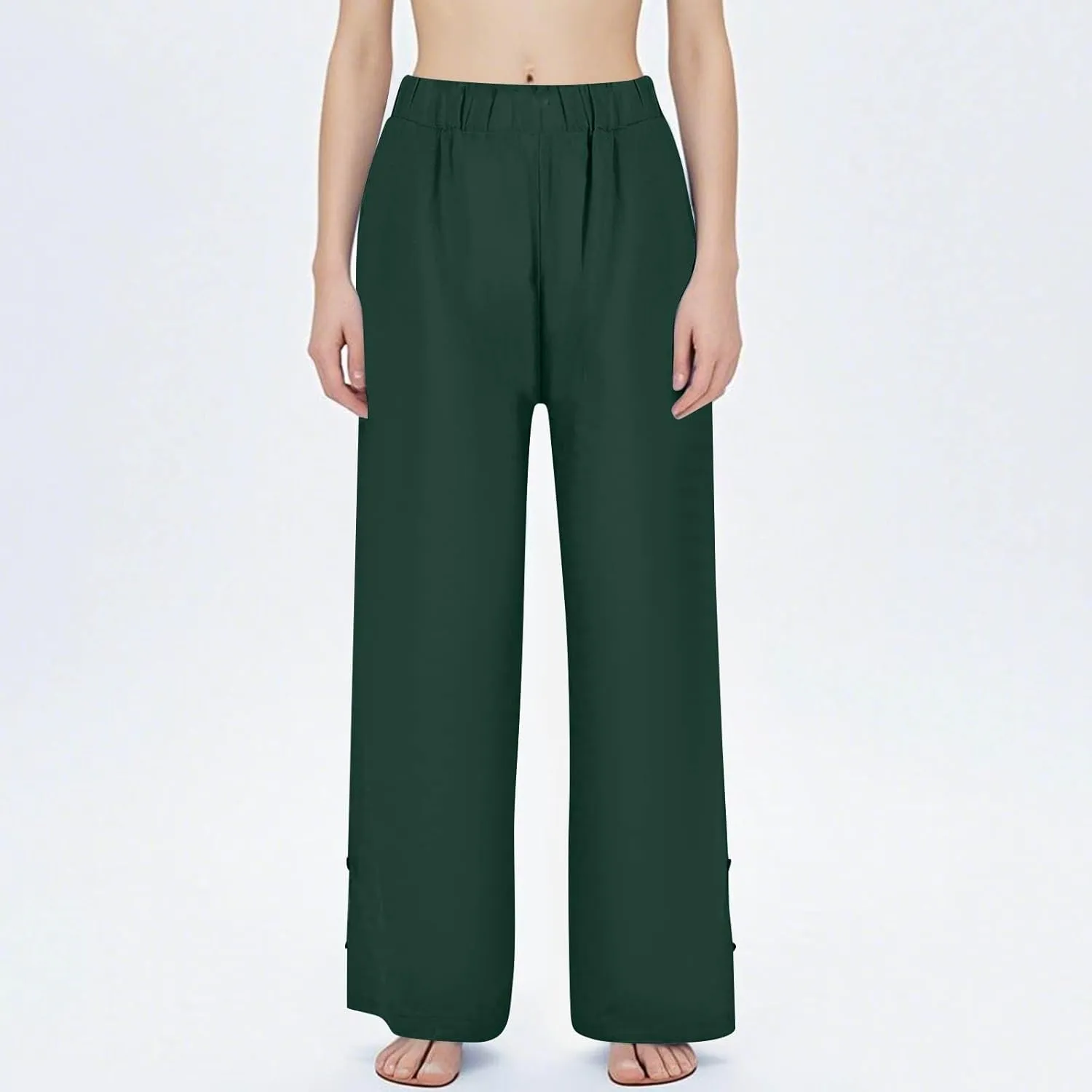Womens Linen Harem Pants Hollow Elastic Waist Casual Beach Pants Summer Boho Baggy Wide Leg Trousers with Pockets
