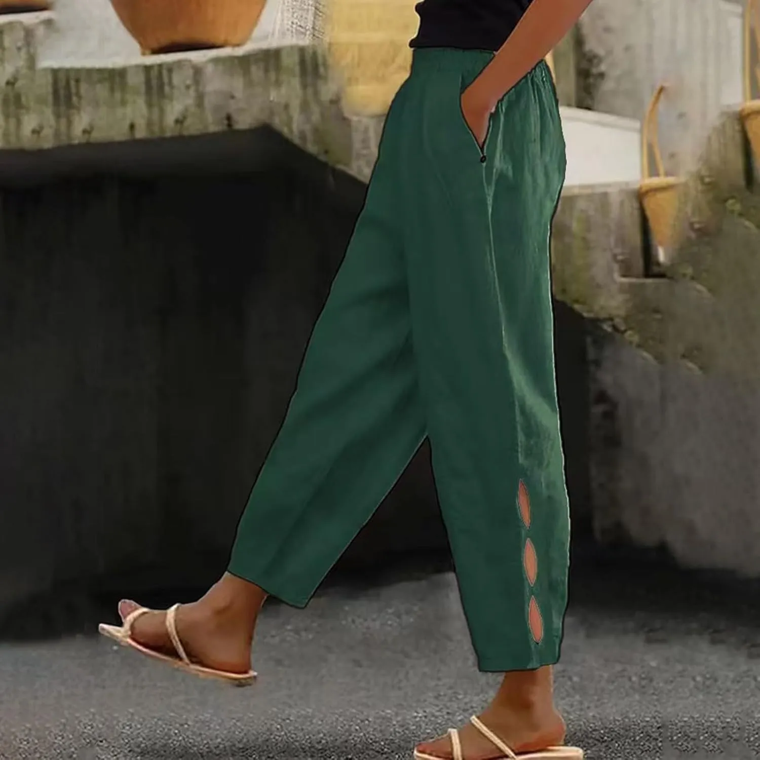 Womens Linen Harem Pants Hollow Elastic Waist Casual Beach Pants Summer Boho Baggy Wide Leg Trousers with Pockets