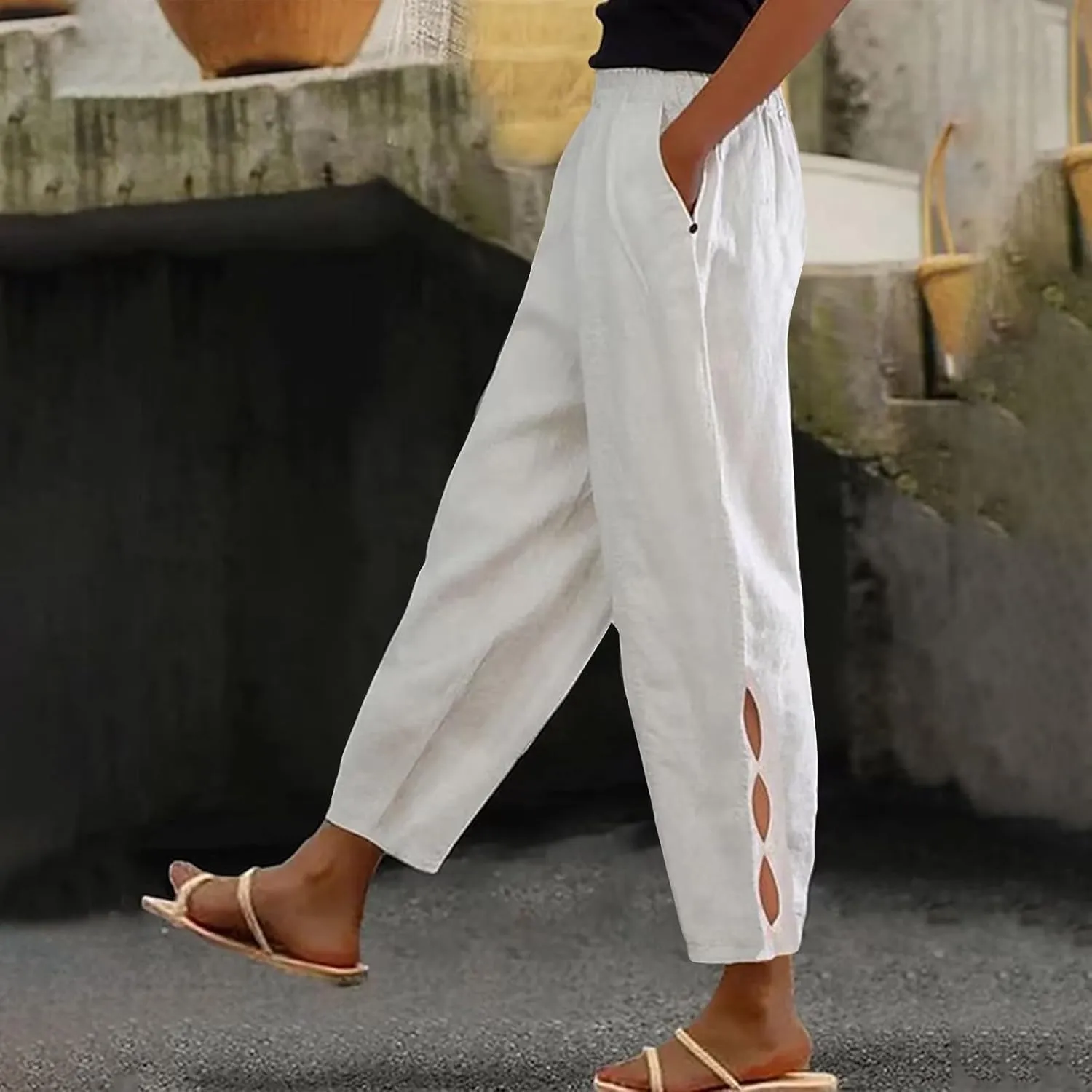 Womens Linen Harem Pants Hollow Elastic Waist Casual Beach Pants Summer Boho Baggy Wide Leg Trousers with Pockets