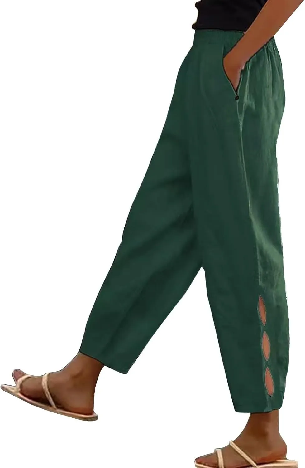 Womens Linen Harem Pants Hollow Elastic Waist Casual Beach Pants Summer Boho Baggy Wide Leg Trousers with Pockets