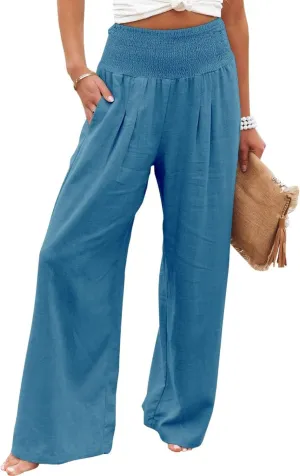 Women's Linen Palazzo Pants Summer High Waisted Boho Wide Leg Long Lounge Pant Trousers with Pocket