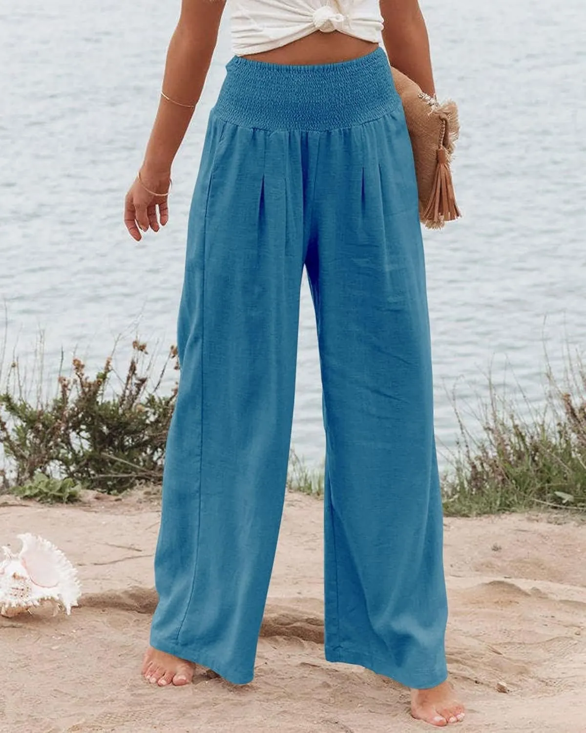 Women's Linen Palazzo Pants Summer High Waisted Boho Wide Leg Long Lounge Pant Trousers with Pocket