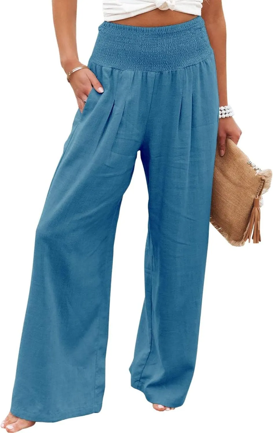 Women's Linen Palazzo Pants Summer High Waisted Boho Wide Leg Long Lounge Pant Trousers with Pocket