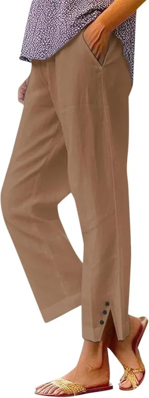 Womens Linen Pants 2025 Summer Elastic High Waist Split Hem Work Pants Casual Loose Drawstring Beach Vacation Trousers