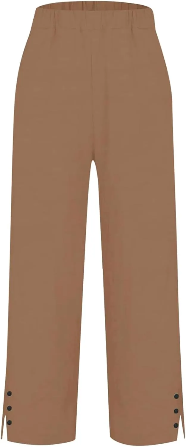 Womens Linen Pants 2025 Summer Elastic High Waist Split Hem Work Pants Casual Loose Drawstring Beach Vacation Trousers