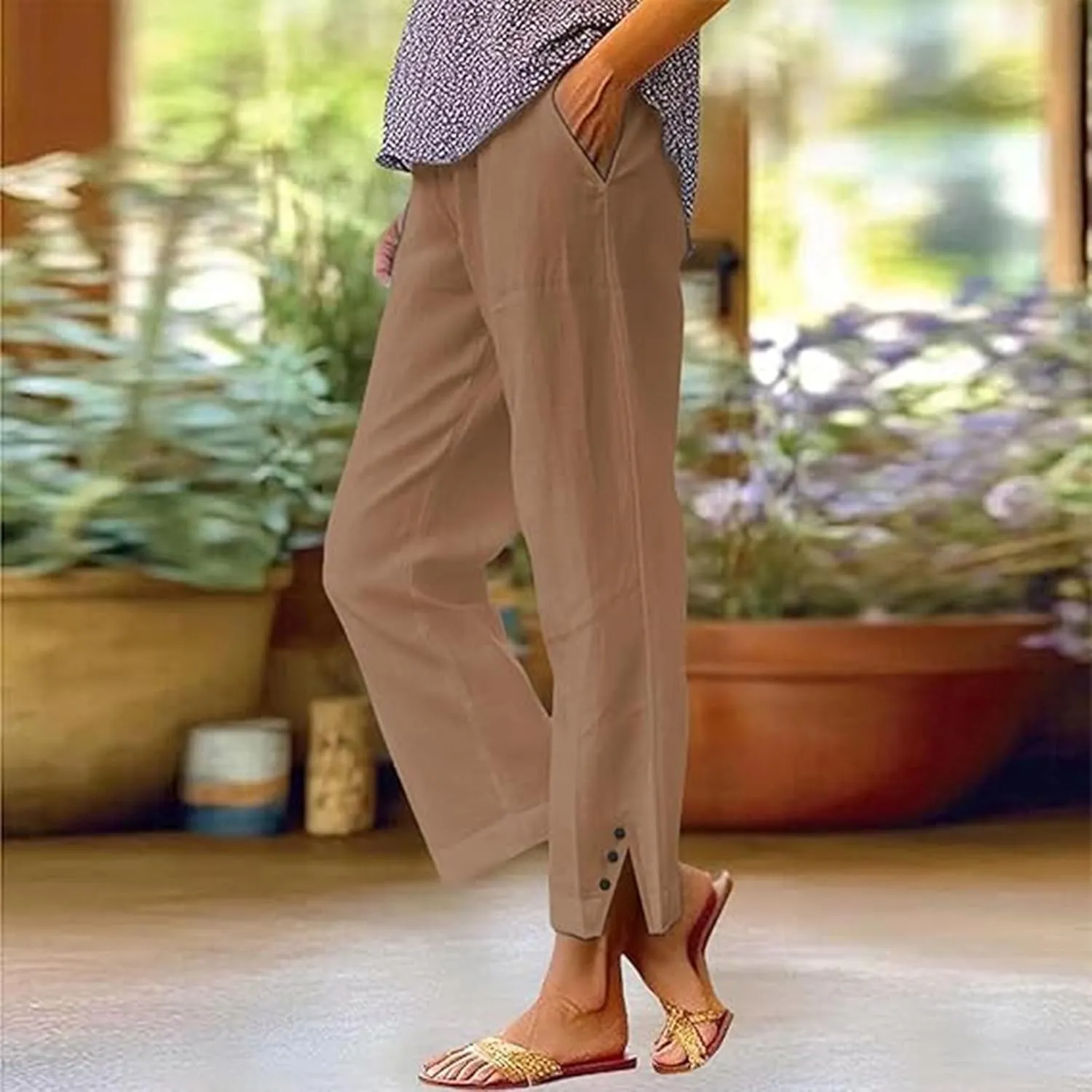 Womens Linen Pants 2025 Summer Elastic High Waist Split Hem Work Pants Casual Loose Drawstring Beach Vacation Trousers