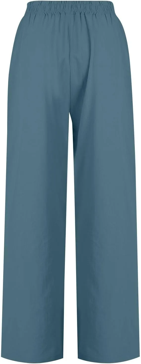 Women's Linen Pants Casual Loose High Waist Drawstring Palazzo Trousers Pockets Wide Leg Summer Flowy Pants Plus Size