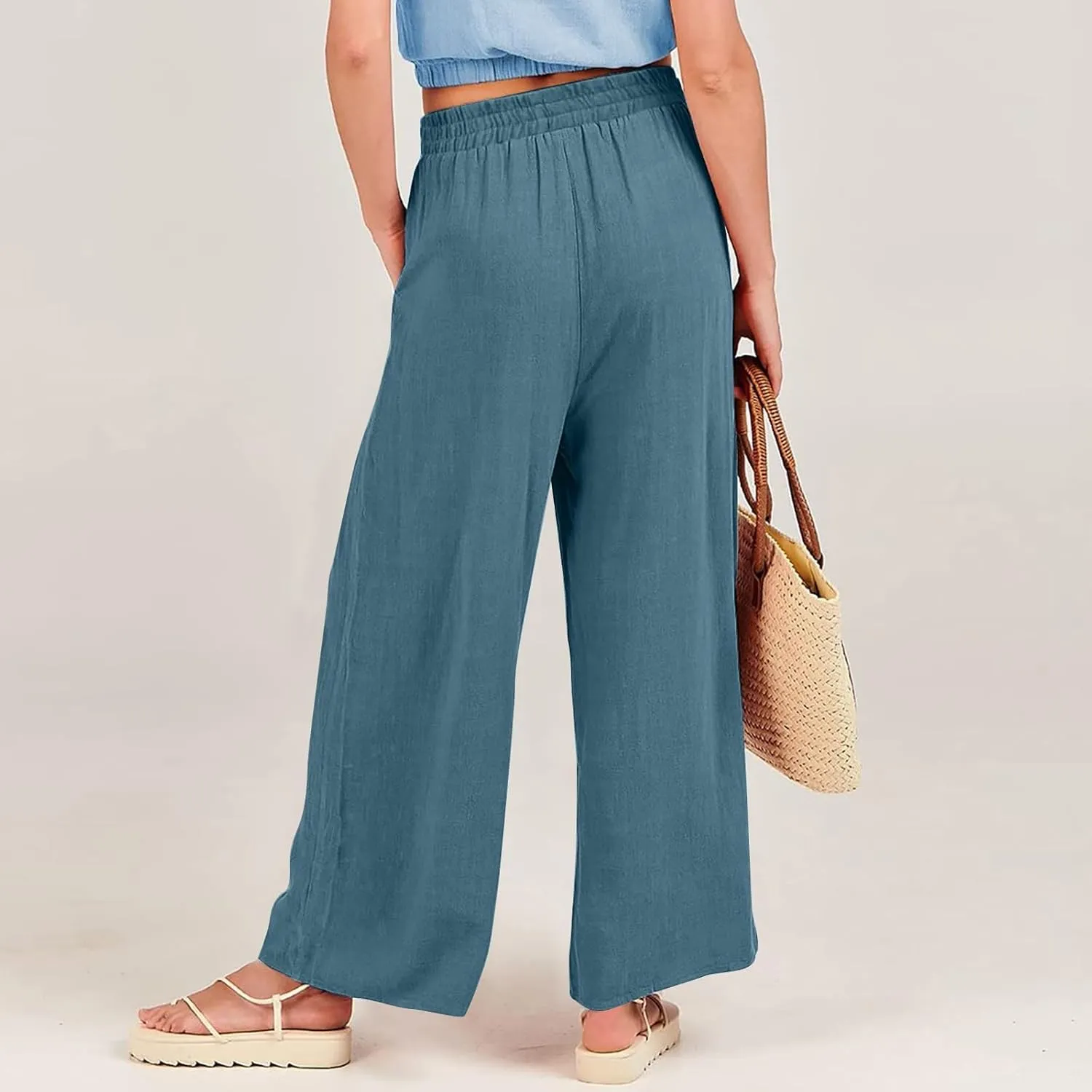 Women's Linen Pants Casual Loose High Waist Drawstring Palazzo Trousers Pockets Wide Leg Summer Flowy Pants Plus Size