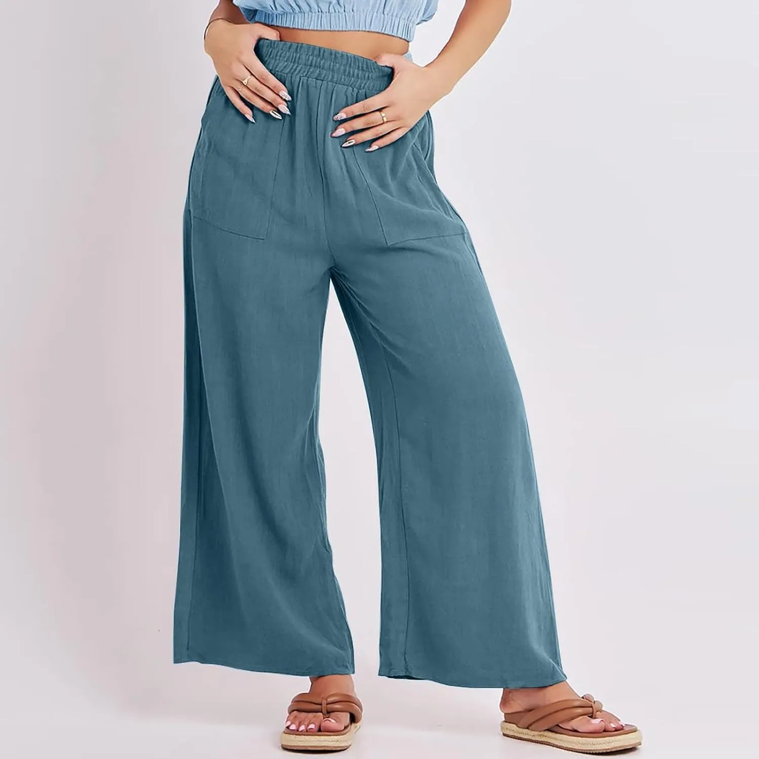 Women's Linen Pants Casual Loose High Waist Drawstring Palazzo Trousers Pockets Wide Leg Summer Flowy Pants Plus Size