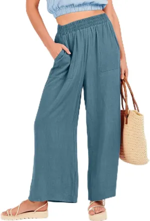 Women's Linen Pants Casual Loose High Waist Drawstring Palazzo Trousers Pockets Wide Leg Summer Flowy Pants Plus Size