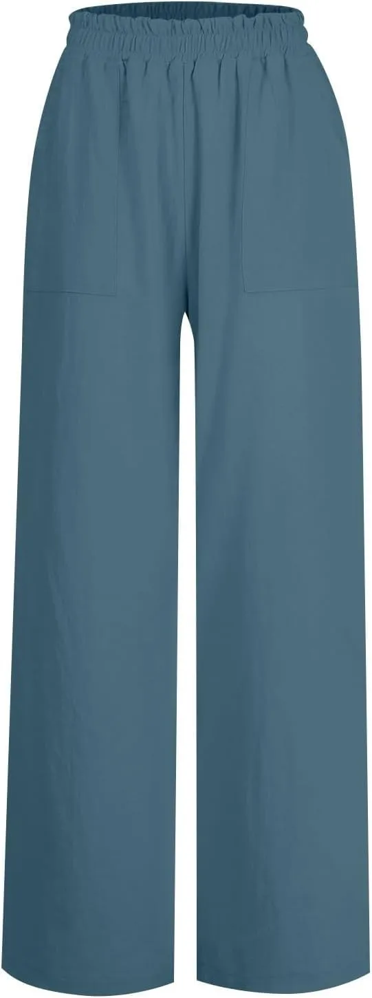 Women's Linen Pants Casual Loose High Waist Drawstring Palazzo Trousers Pockets Wide Leg Summer Flowy Pants Plus Size