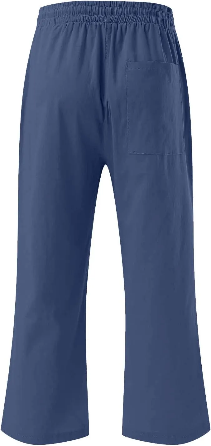 Women's Linen Pants Casual Summer Capris Loose Fit Lightweight Drawstring Waisted Cropped Pants with Pockets