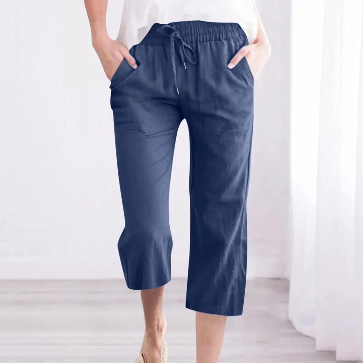 Women's Linen Pants Casual Summer Capris Loose Fit Lightweight Drawstring Waisted Cropped Pants with Pockets
