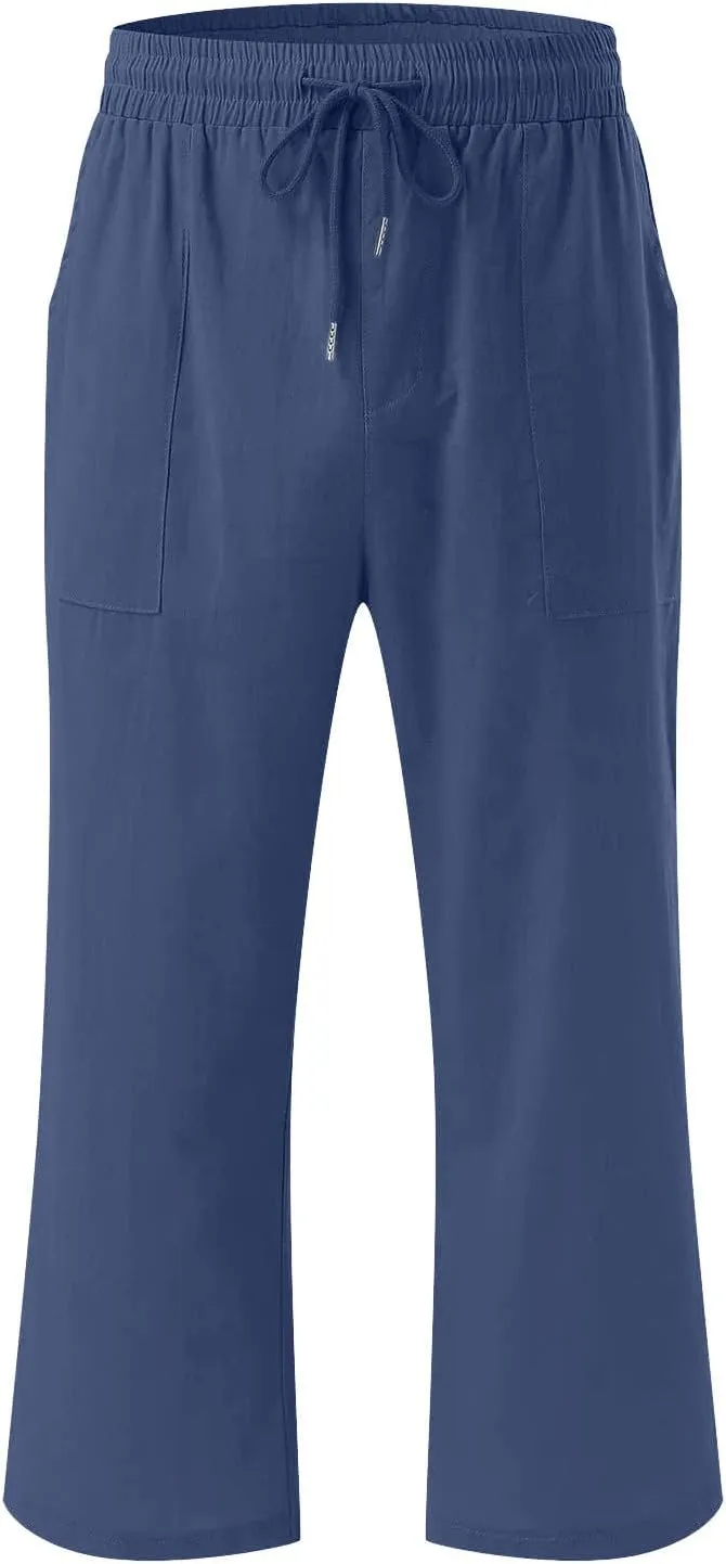 Women's Linen Pants Casual Summer Capris Loose Fit Lightweight Drawstring Waisted Cropped Pants with Pockets