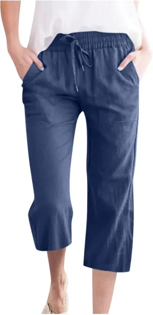 Women's Linen Pants Casual Summer Capris Loose Fit Lightweight Drawstring Waisted Cropped Pants with Pockets