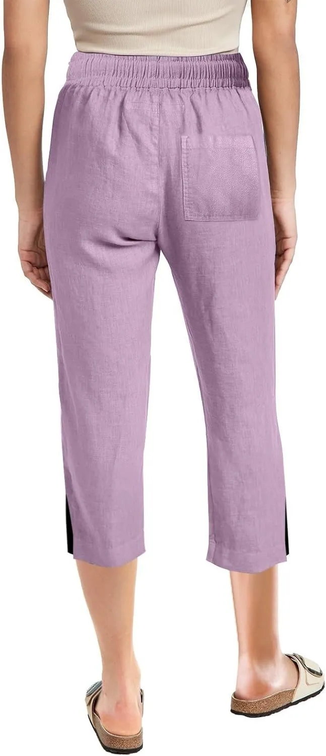 Womens Linen Pants Drawstring Loose Fit Stretchy Cropped Palazzo Pants Trousers Buttom Slit Summer Beach Travel Vacation