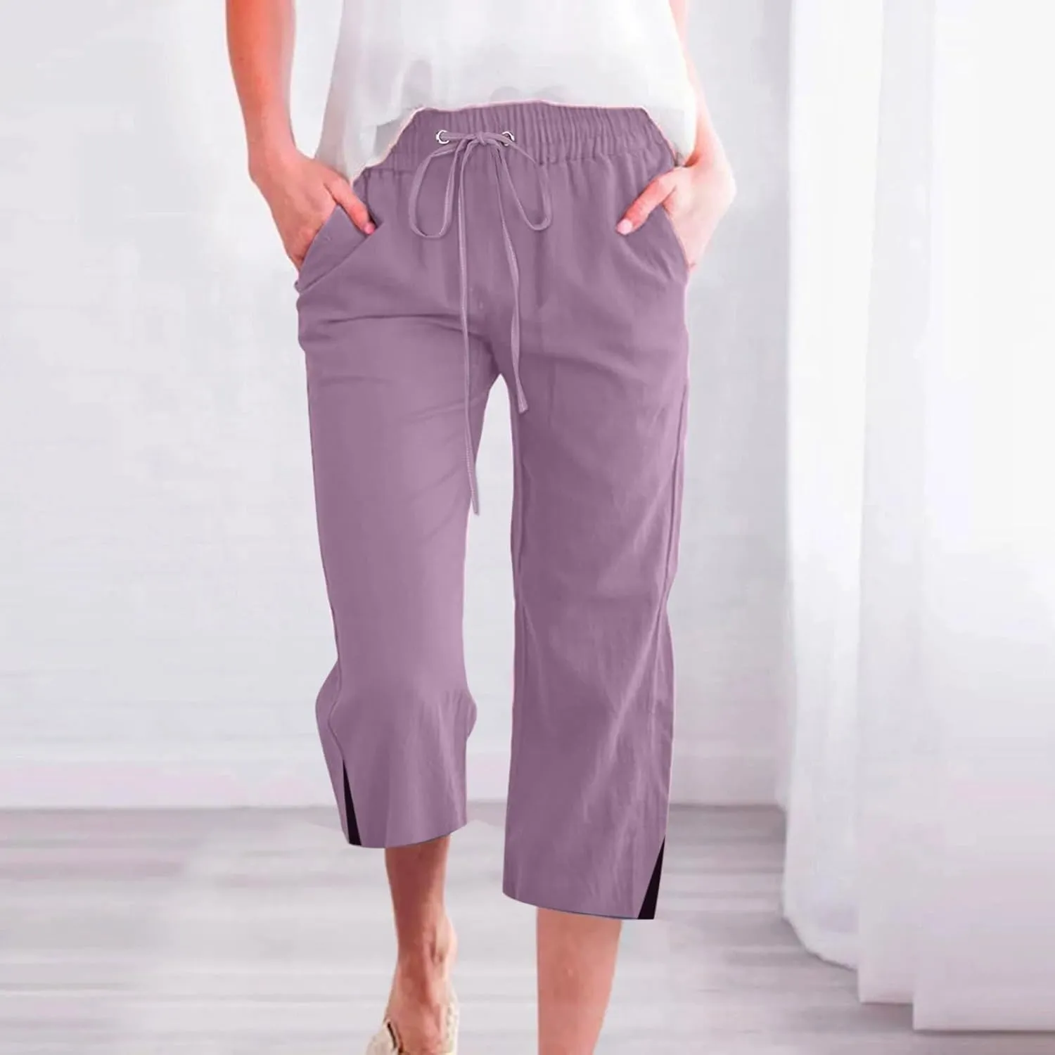Womens Linen Pants Drawstring Loose Fit Stretchy Cropped Palazzo Pants Trousers Buttom Slit Summer Beach Travel Vacation