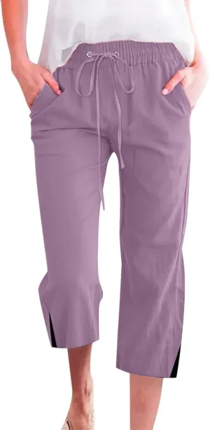 Womens Linen Pants Drawstring Loose Fit Stretchy Cropped Palazzo Pants Trousers Buttom Slit Summer Beach Travel Vacation