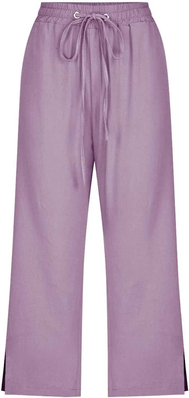 Womens Linen Pants Drawstring Loose Fit Stretchy Cropped Palazzo Pants Trousers Buttom Slit Summer Beach Travel Vacation