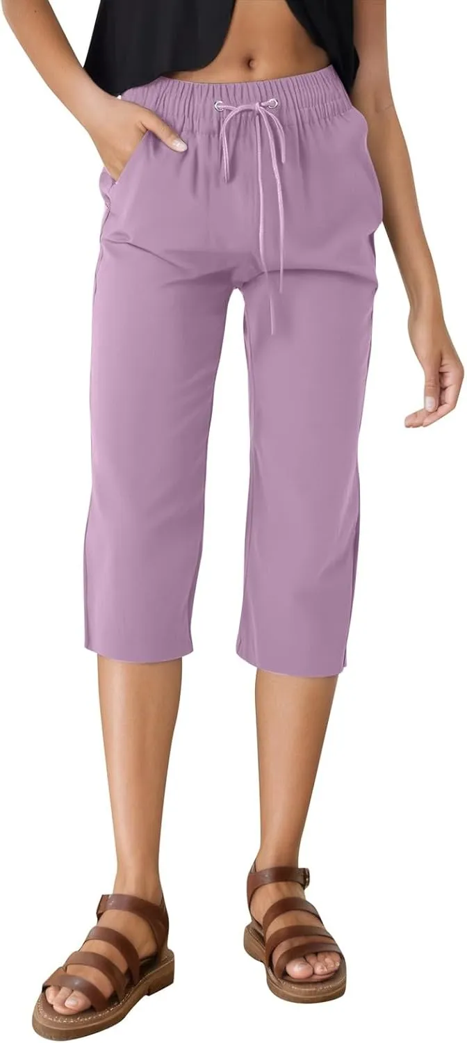 Womens Linen Pants Drawstring Loose Fit Stretchy Cropped Palazzo Pants Trousers Buttom Slit Summer Beach Travel Vacation