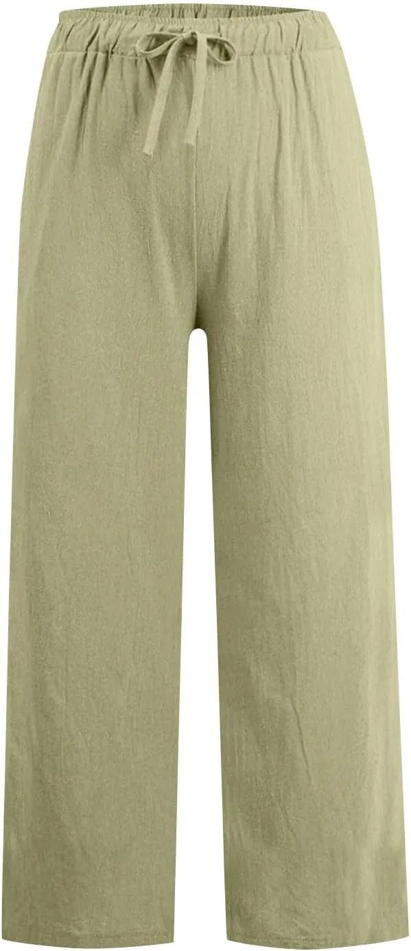 Womens Linen Pants Elastic High Waisted Wide Leg Pants Summer Palazzo Trouser Casual Flowy Drawstring Beach Outfits