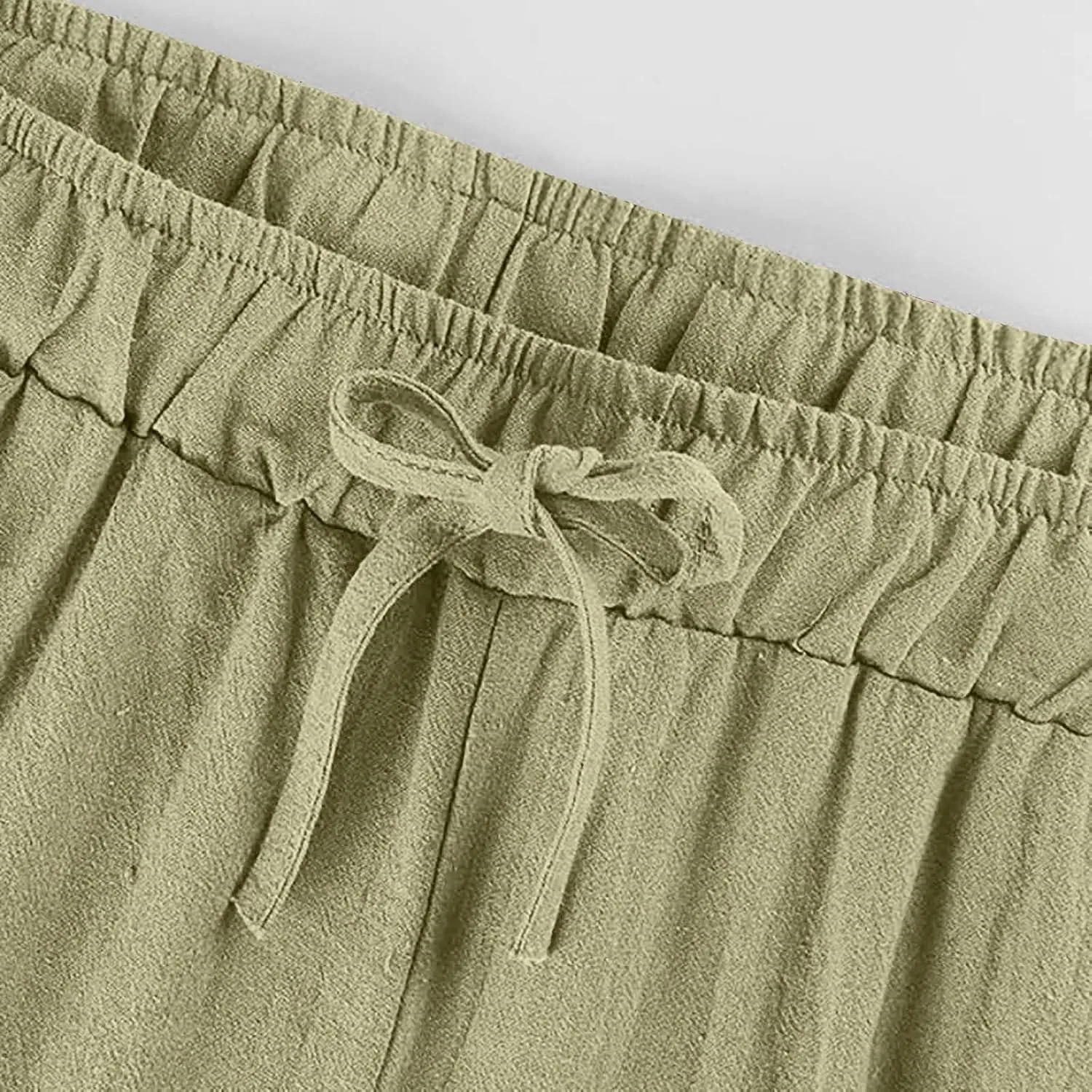 Womens Linen Pants Elastic High Waisted Wide Leg Pants Summer Palazzo Trouser Casual Flowy Drawstring Beach Outfits