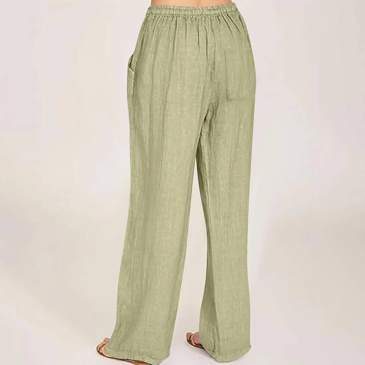Womens Linen Pants Elastic High Waisted Wide Leg Pants Summer Palazzo Trouser Casual Flowy Drawstring Beach Outfits