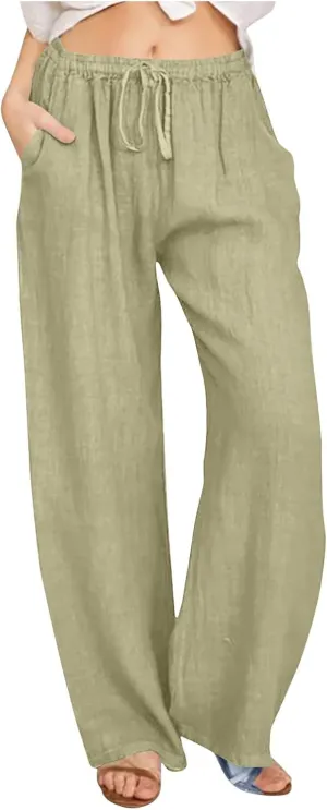 Womens Linen Pants Elastic High Waisted Wide Leg Pants Summer Palazzo Trouser Casual Flowy Drawstring Beach Outfits
