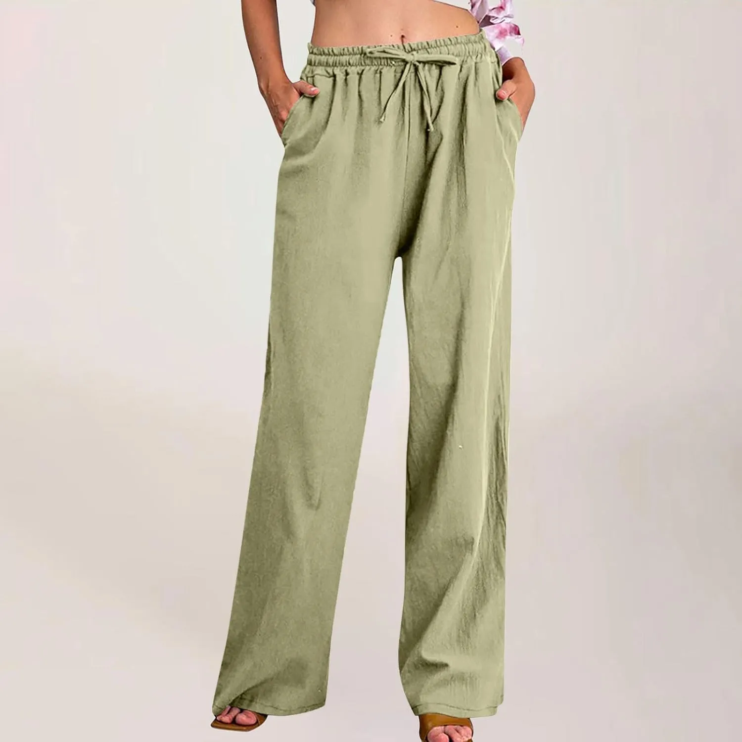 Womens Linen Pants Elastic High Waisted Wide Leg Pants Summer Palazzo Trouser Casual Flowy Drawstring Beach Outfits