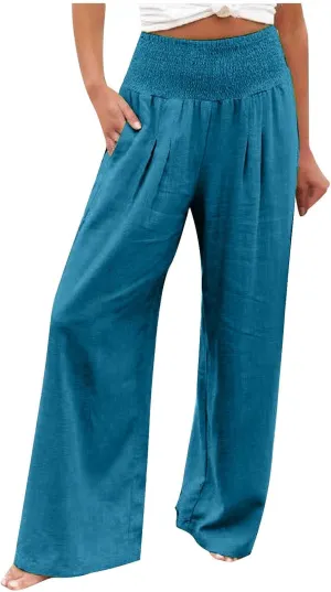 Womens Linen Pants Wide Leg Casual High Waist Solid Color Sports Pants Cotton Linen Summer Trousers with Pockets