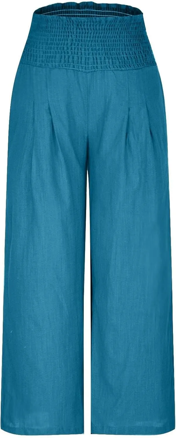 Womens Linen Pants Wide Leg Casual High Waist Solid Color Sports Pants Cotton Linen Summer Trousers with Pockets