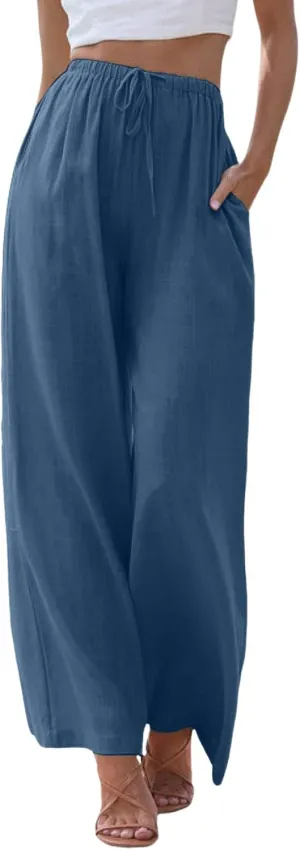 Womens Linen Summer Trendy Palazzo Lounge Pants Elastic Waisted Bootcut Plus Size Palazzo Lounge Pants
