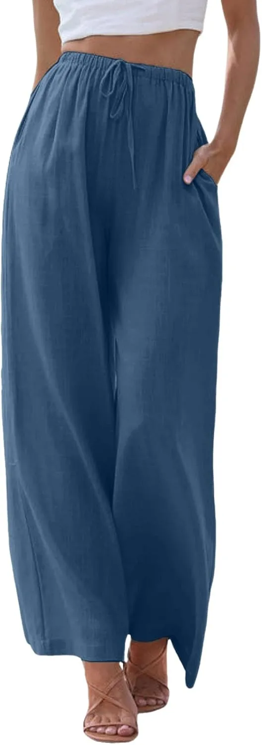 Womens Linen Summer Trendy Palazzo Lounge Pants Elastic Waisted Bootcut Plus Size Palazzo Lounge Pants