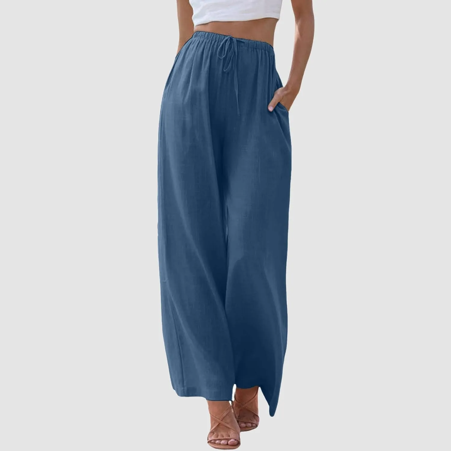 Womens Linen Summer Trendy Palazzo Lounge Pants Elastic Waisted Bootcut Plus Size Palazzo Lounge Pants