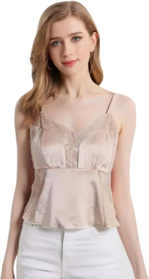Women's Mulberry Silk Camisole with Built-in Bra, 19 Momme Silk Breathable Bras Tank Top Satin Cami Vest