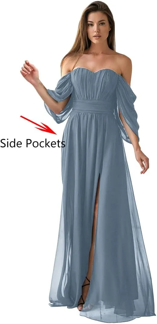 Women's Off The Shoulder Bridesmaid Dresses Long with Pocket Formal Wedding Guest Dresses RBD016