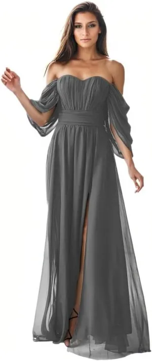 Women's Off The Shoulder Bridesmaid Dresses Long with Pocket Formal Wedding Guest Dresses RBD016