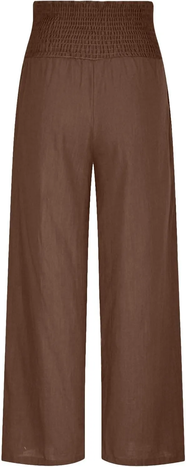 Womens Palazzo Cotton Linen Pants 2025 Trendy High Elastic Waist Wide Leg Trousers Summer Beach Resort Lounge Pant