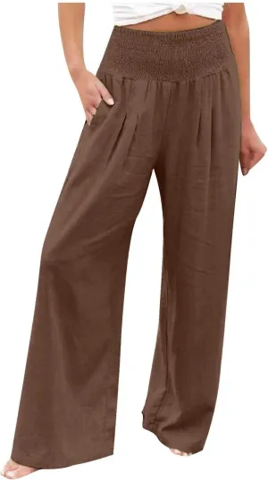 Womens Palazzo Cotton Linen Pants 2025 Trendy High Elastic Waist Wide Leg Trousers Summer Beach Resort Lounge Pant