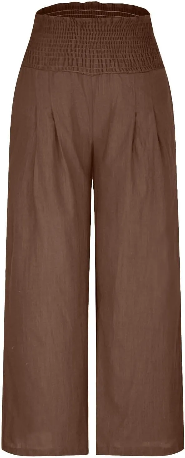 Womens Palazzo Cotton Linen Pants 2025 Trendy High Elastic Waist Wide Leg Trousers Summer Beach Resort Lounge Pant