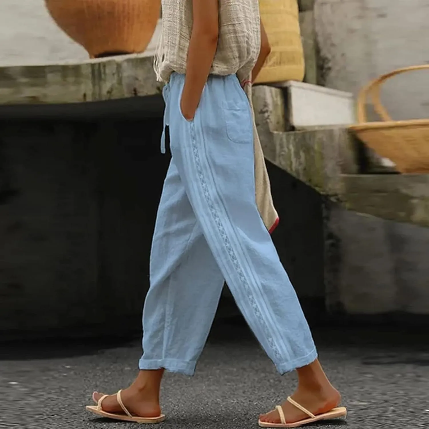 Women's Pants, Linen Striped Side Peasant Pants Straight Leg Casual Wide Trendy