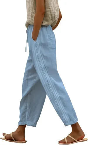 Women's Pants, Linen Striped Side Peasant Pants Straight Leg Casual Wide Trendy