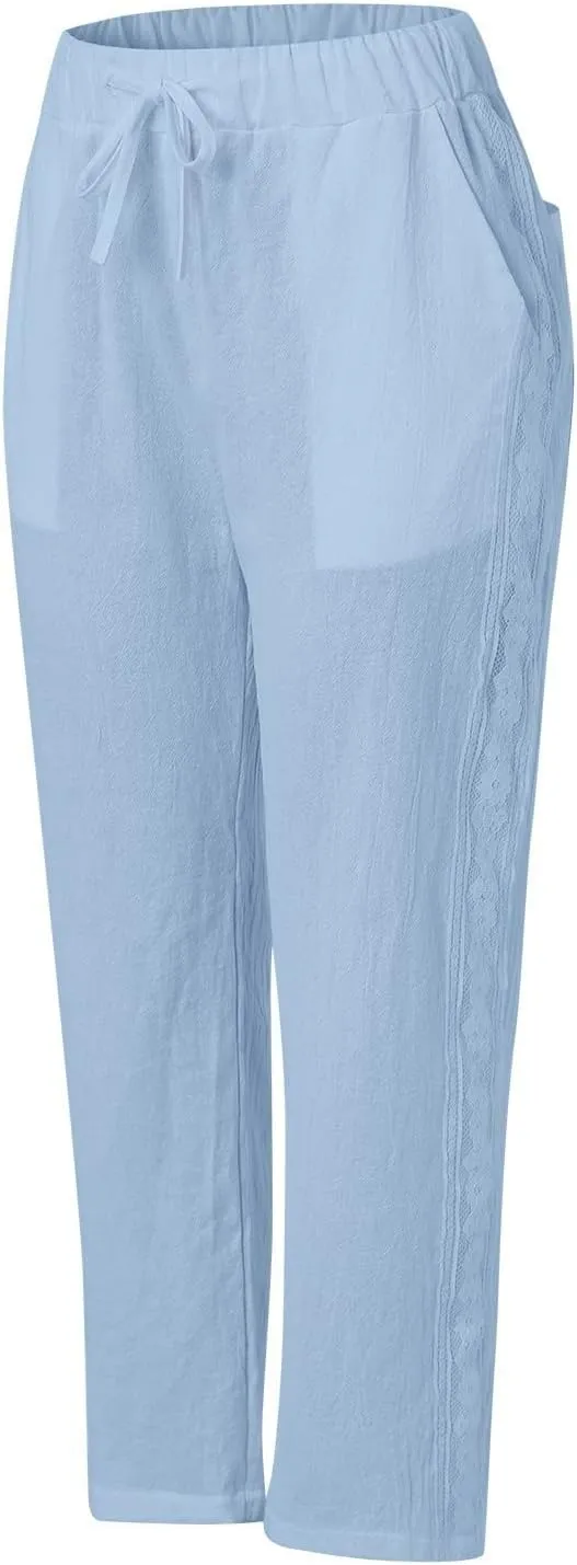 Women's Pants, Linen Striped Side Peasant Pants Straight Leg Casual Wide Trendy