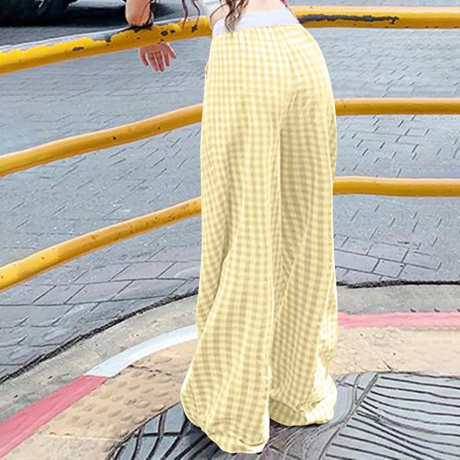 Women's Plaid Pants Summer Casual Trendy Loose Color Block Palazzo Pants High Waist Lightweight Flowy Beach Trouser