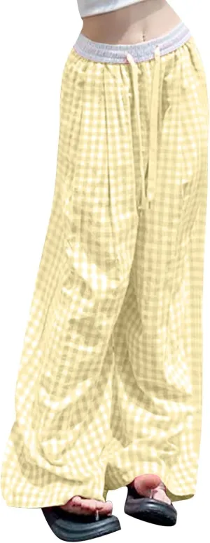Women's Plaid Pants Summer Casual Trendy Loose Color Block Palazzo Pants High Waist Lightweight Flowy Beach Trouser