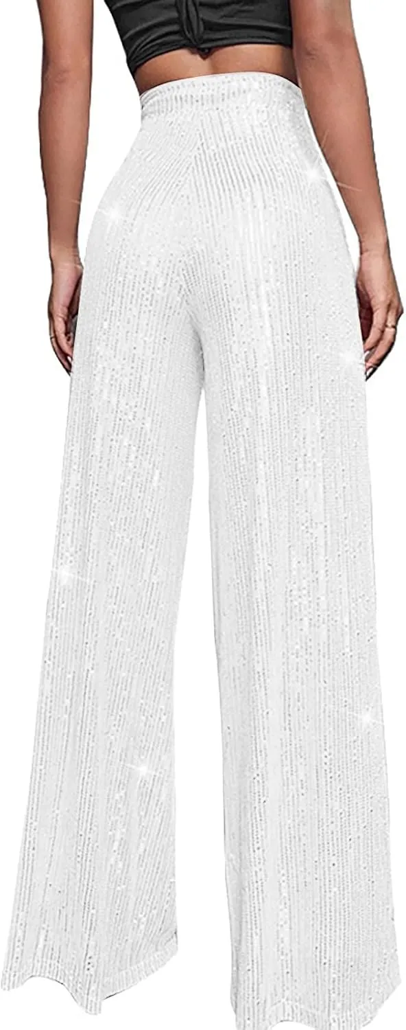 Womens Sequin Flare Pant Women's High Waisted Sequin Loose Drape Wide Leg Pants Fashion Casual Lounge Workout