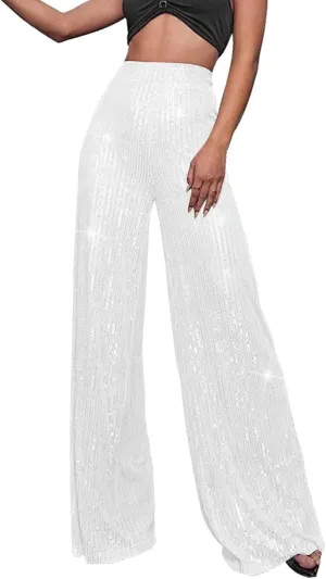 Womens Sequin Flare Pant Women's High Waisted Sequin Loose Drape Wide Leg Pants Fashion Casual Lounge Workout
