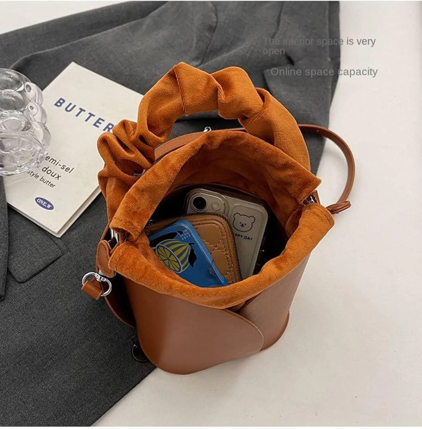 Women's Shoulder Bag Cylindrical PU Leather Bucket Crossbody Bag Drawstring Handbag Wallet Suitable For Travel Shopping